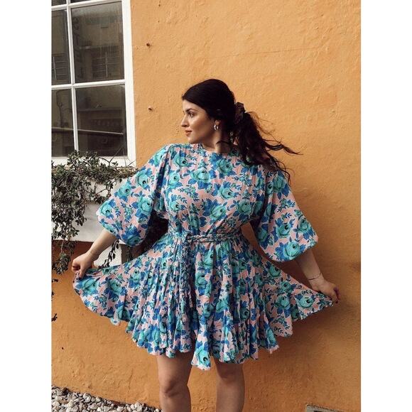 RHODE Women's Pink & Blue Floral Print Puff Sleeves Mini Dress Size Medium - Picture 4 of 16